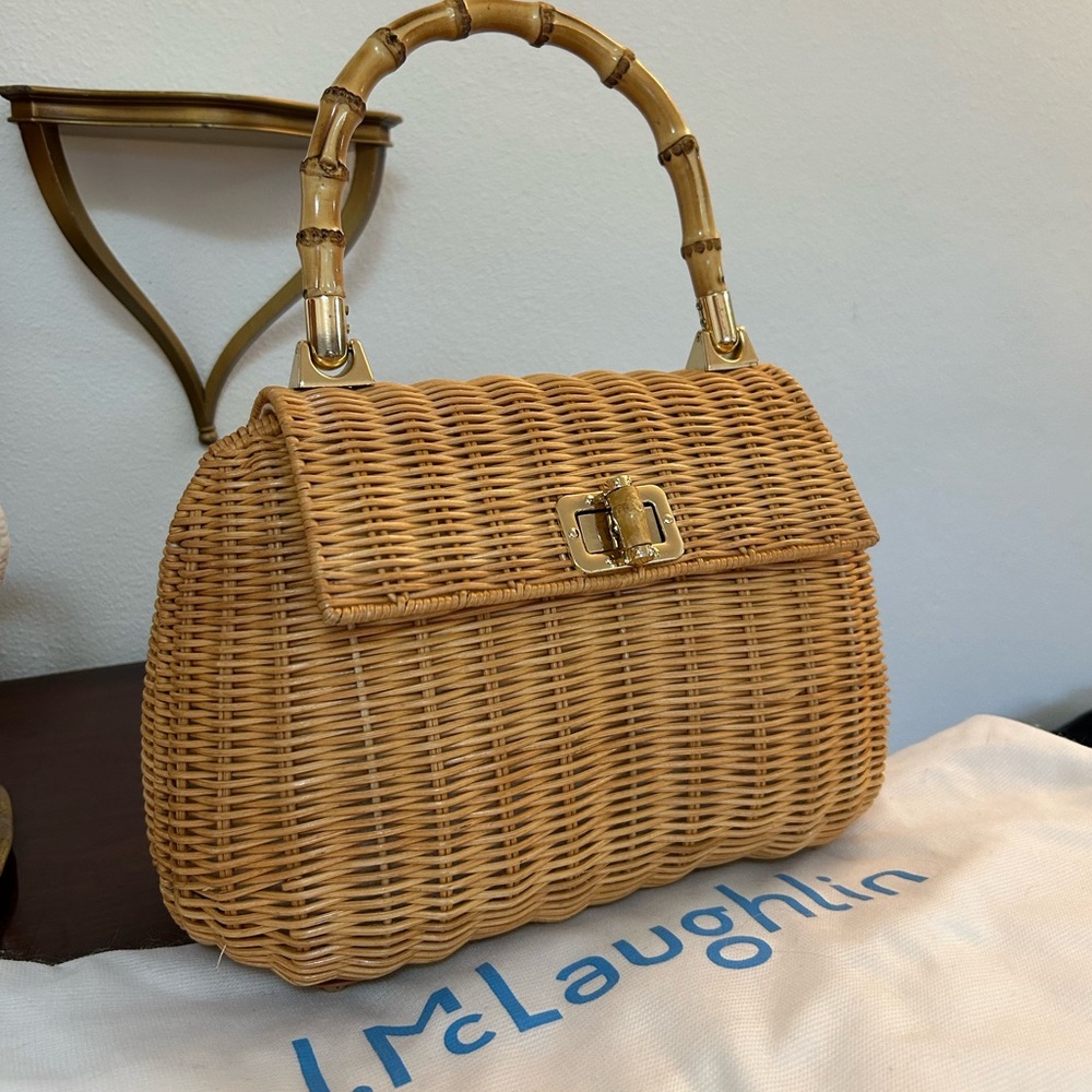 J. McLaughlin Woven Straw Satchel with Bamboo Handle - Tan
